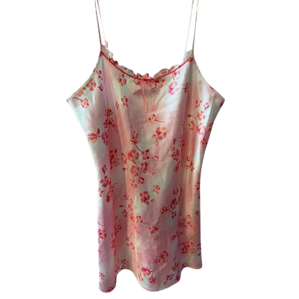 Avon Intimates Pink Floral Satin Chemise Nightgown Ruffle Trim Sleepwear Large